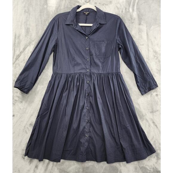 Steven Alan Cotton Long Sleeve Shirt Dress Size 6 Navy Blue Pleated Pockets - Picture 1 of 12